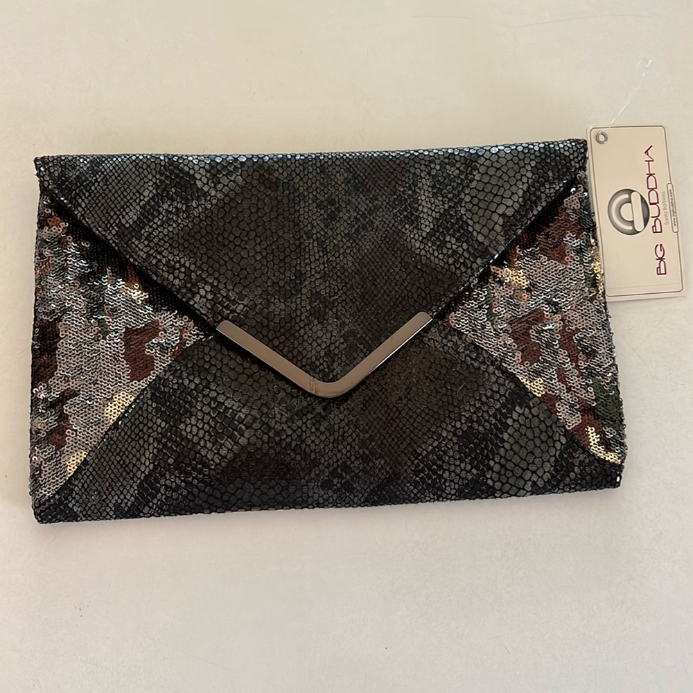 Big Buddha Black Snakeskin Pattern and Sequined Envelope Clutch NWT